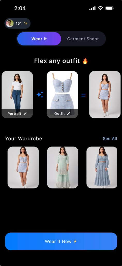 BingeTry app showing AI virtual try-on feature